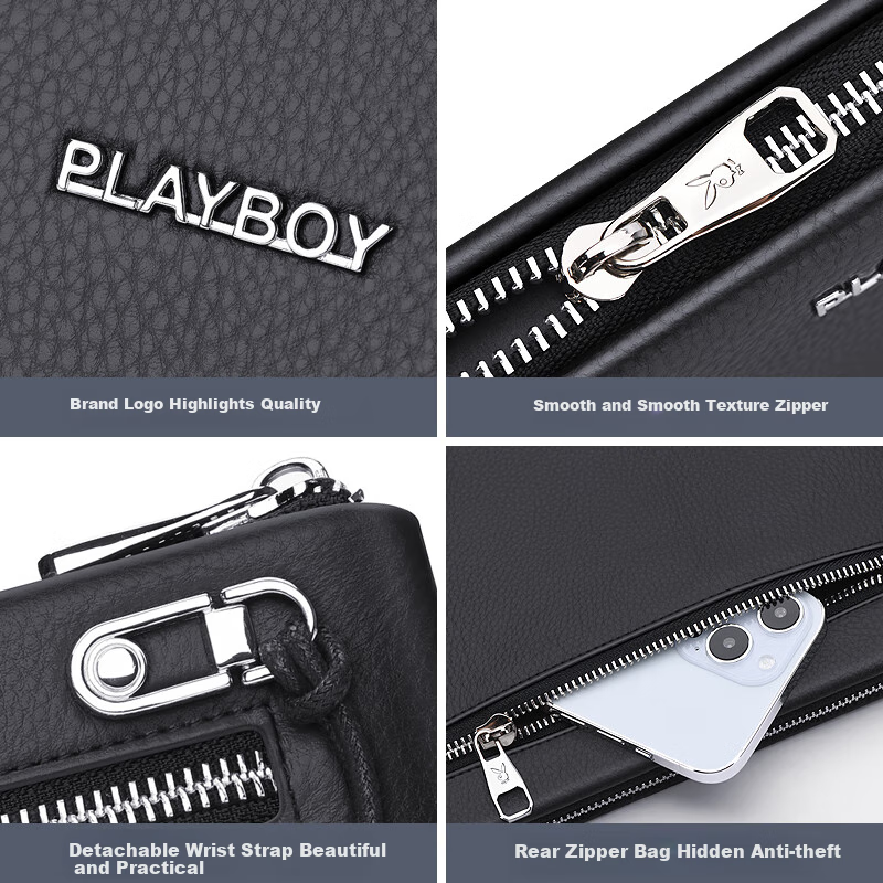 PLAYBOY Men's Clutch Bag - Sleek Black Top-Grain Leather