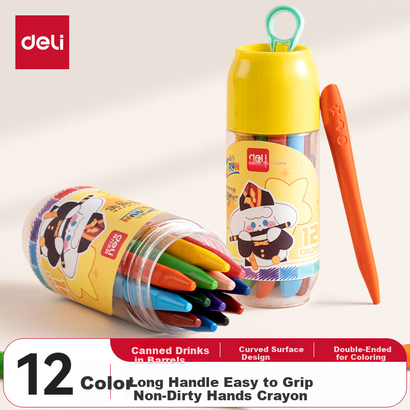 Deli 12 Colors Yisai Triangle Crayons - Pull-Out Can