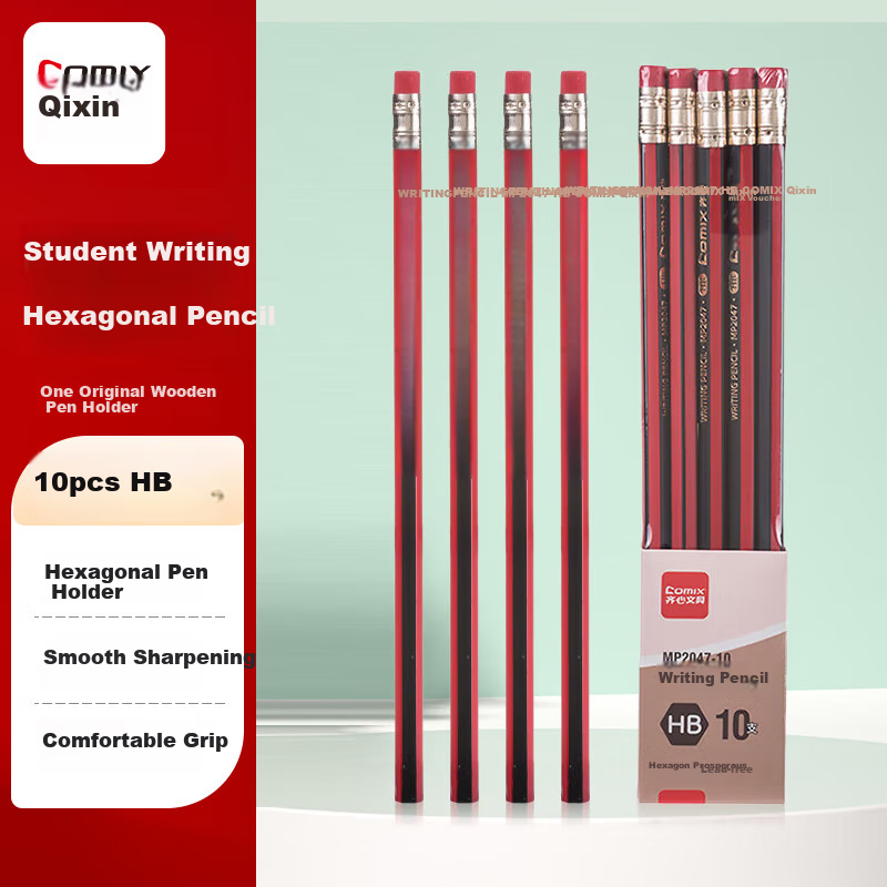 COMIX HB Pencils - Red & Black Striped, 10-Pack for Students