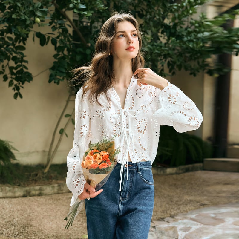 Olrain Chiffon Blouse with Lace Trim