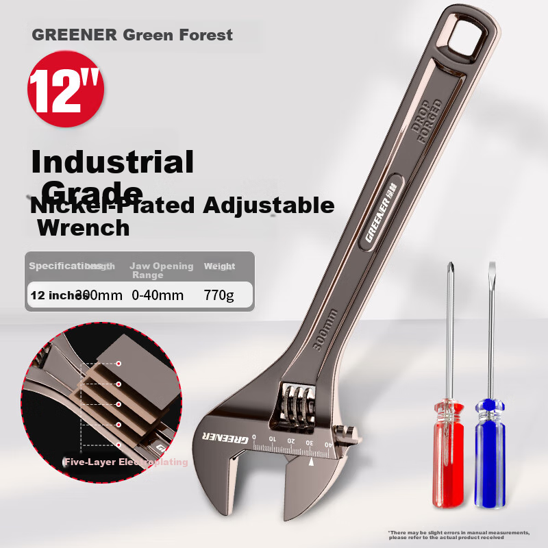GREENER Black Nickel Adjustable Wrench - 12" Multi-Functional Household Tool