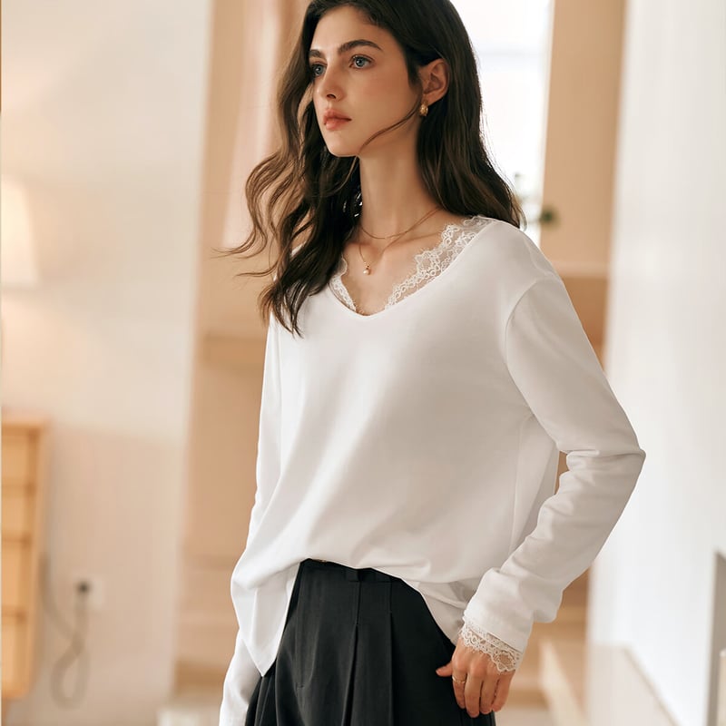 Oulain V-Neck T-Shirt for Women, French-Inspired Lace Long-Sleeve