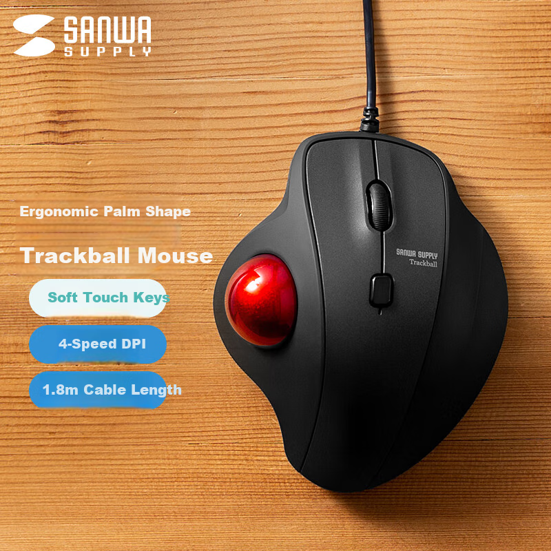 SANWA Shanye Ergonomic Ball Mouse - Quiet Clicks & 4 DPI Modes