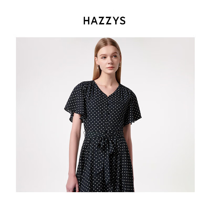 HAZZYS Summer Anti-Static V-Neck Wave Dot Print Dress
