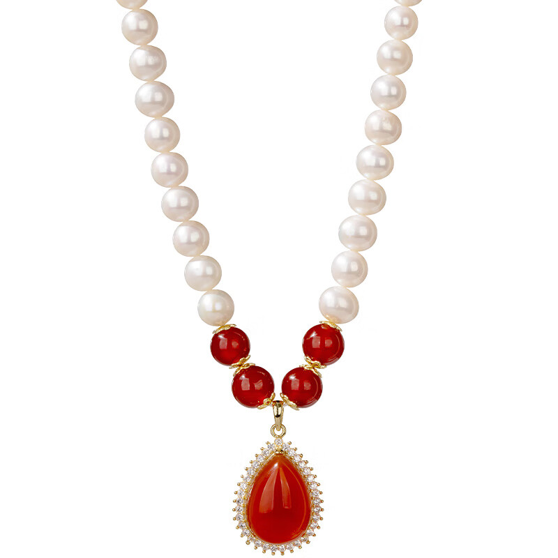 Qlady Red Chalcedony Pearl Necklace for Women