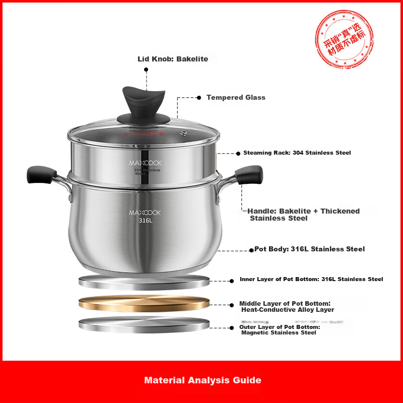 MAXCOOK 22cm 316L Stainless Steel Double-Layer Soup Pot Steamer