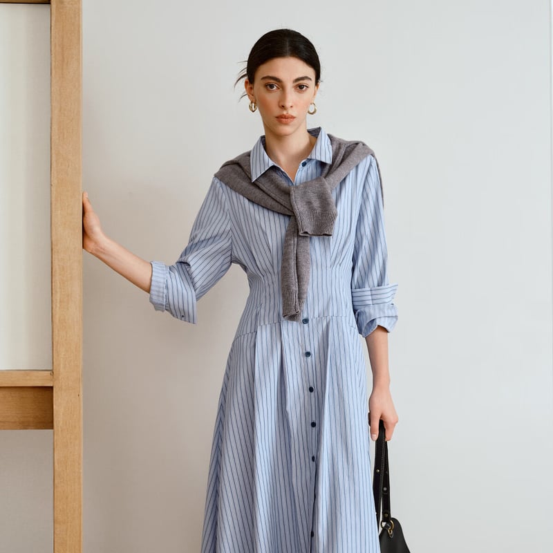 Oulain Autumn Blue Striped Dress