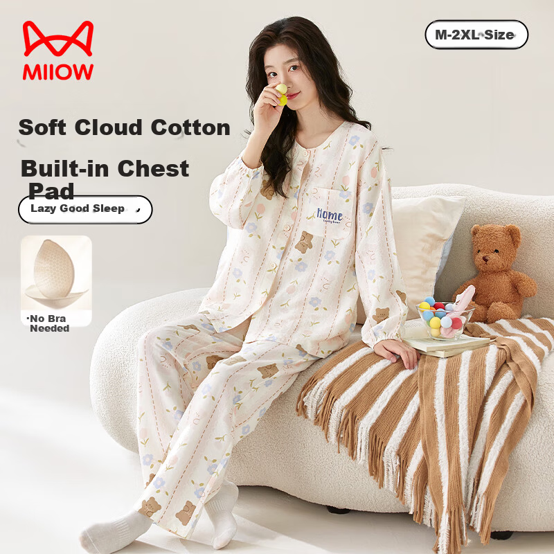 Miiow Women's Cloud Cotton Bear Printed Pajamas with Anti-Peek Pad