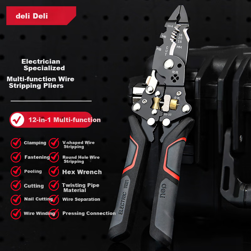 Deli 12-In 1 Foldable Wire Stripper & Crimping Pliers