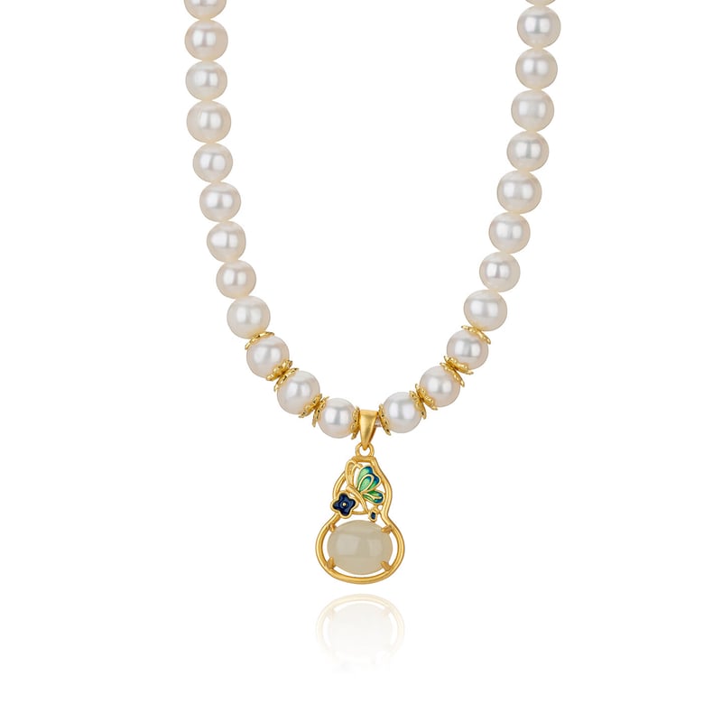 Qlady Gourd Pearl Necklace - Silver Jade Pendant