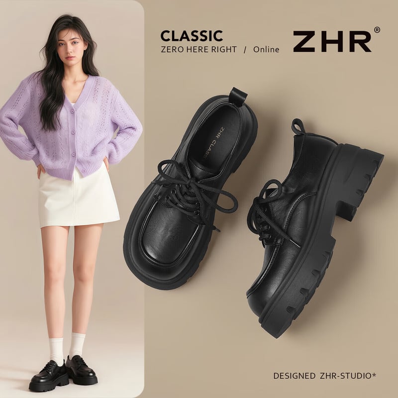 ZHR Women's Loafers - Thick Sole, British Style, Black