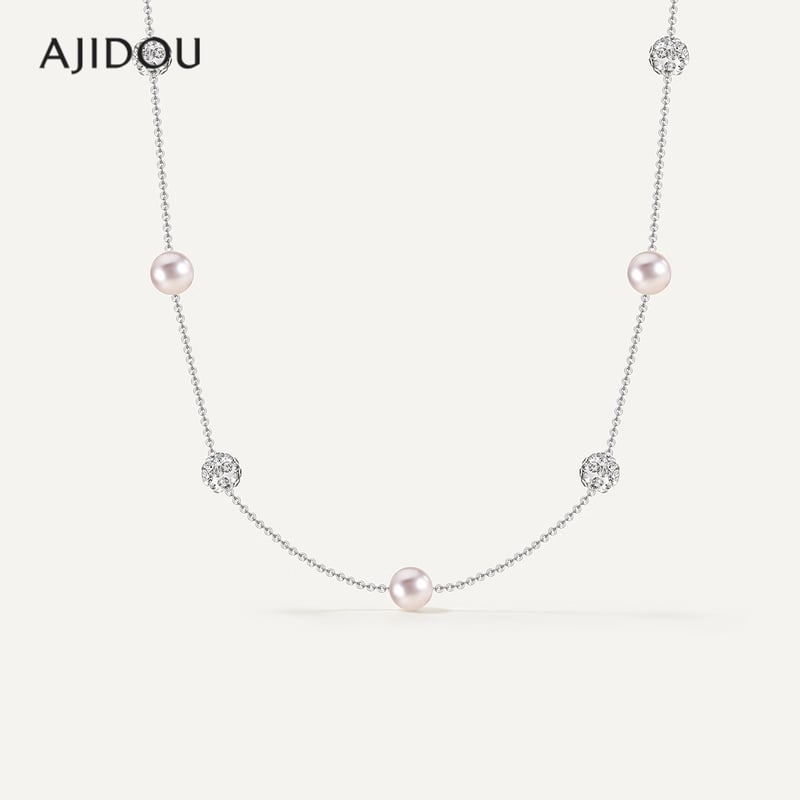 AJIDOU Pearl Sweater Necklace - Silver with Pearl & Diamond Accents