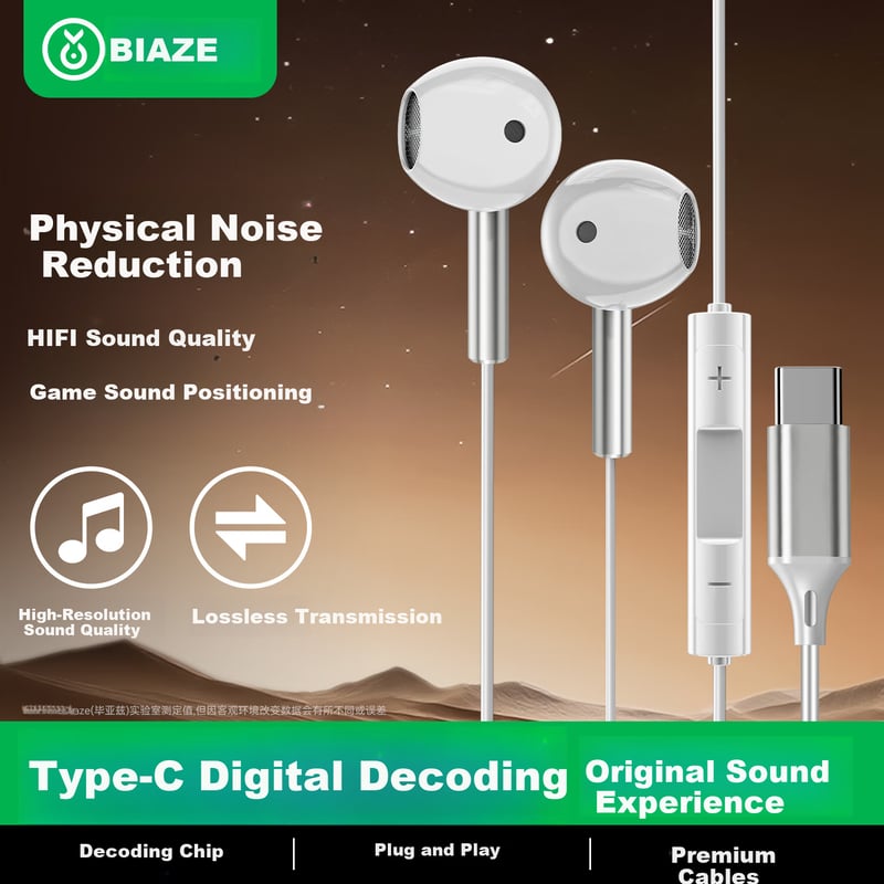BIAZE Type-C Wired Earphones - Heavy Bass Stereo Sound