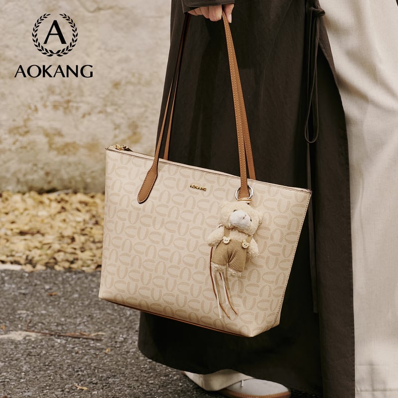 Aokang Women's Trendy Patchwork Tote Bag with Teddy Bear Pendant