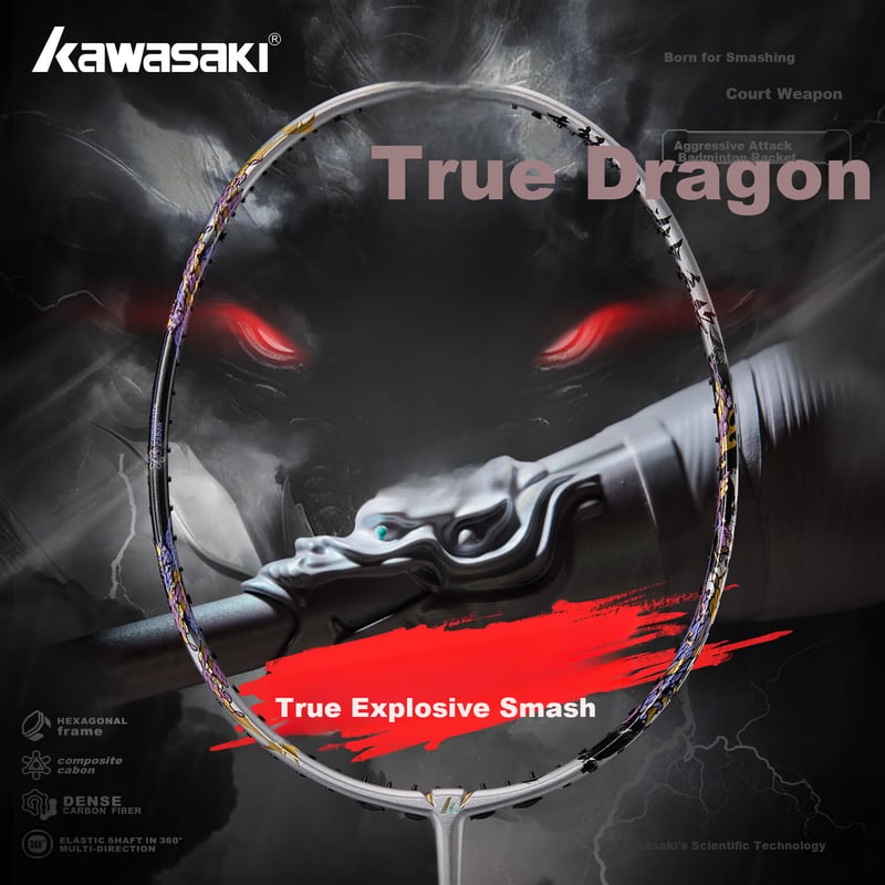 KAWASAKI Full Carbon Badminton Racket - True Dragon Ink White