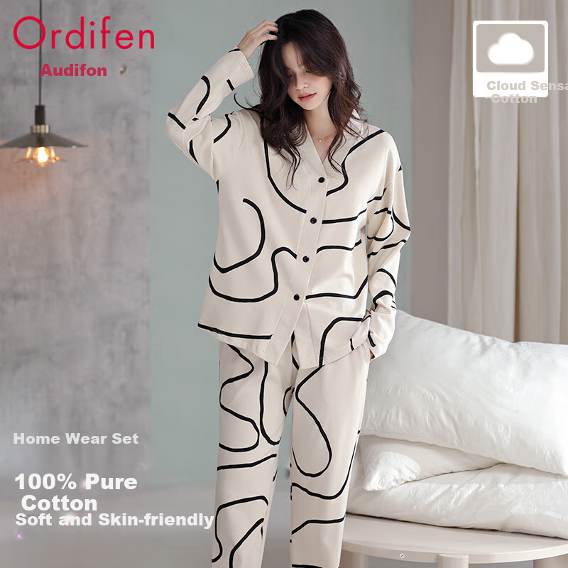 Ordifen Women's Cotton Pajamas - Beige Lines