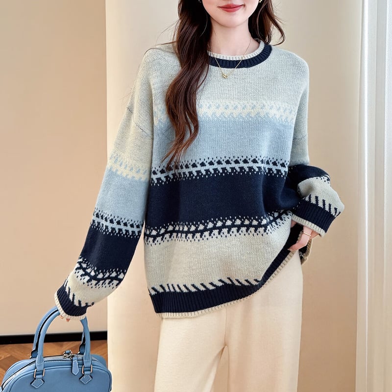 TonLion 2025 Autumn Colorblock Crew Neck Sweater