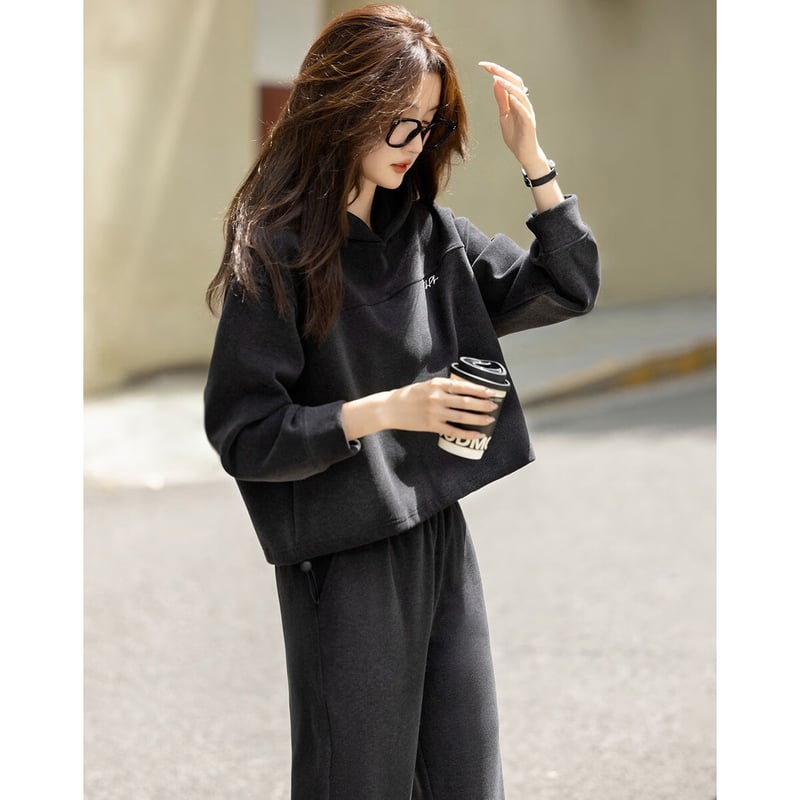 Demana Lazy Wear Set Autumn Sports Korean Style Hoodie Elastic Waist Embroidered Pants Women's Two-Piece