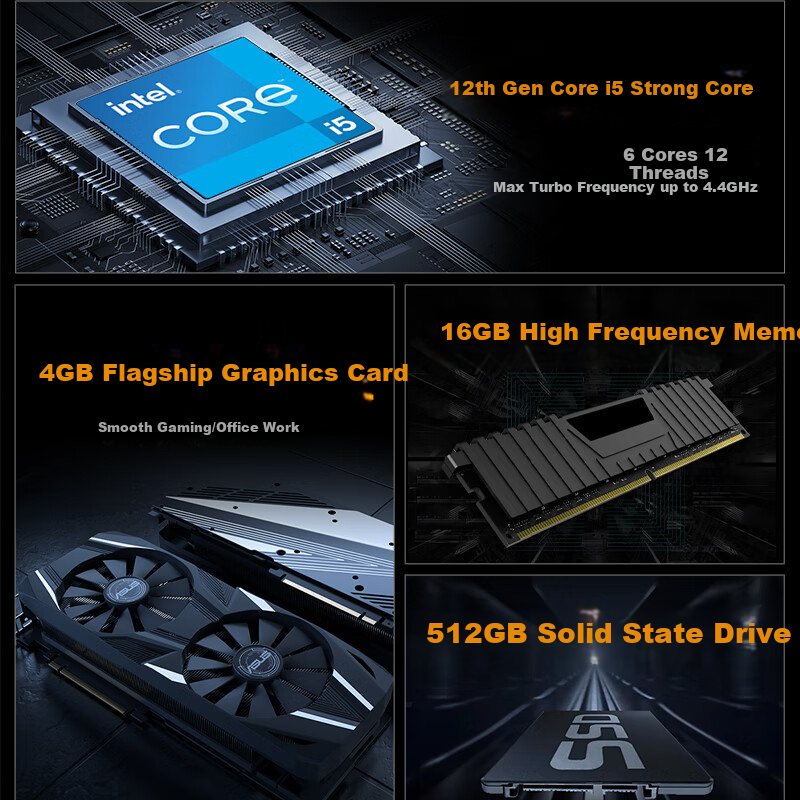 HEXIEHAO Gaming Desktop - Core i5-12400F, 4GB GPU, 256GB SSD