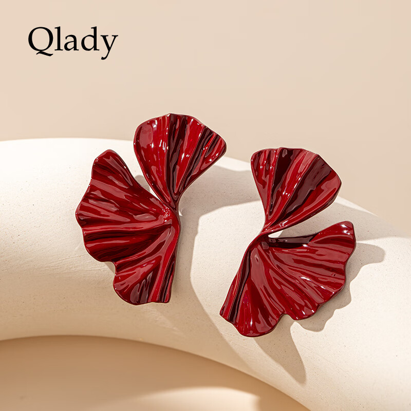 Qiji Red Earrings for Women, Exaggerated Silver Studs