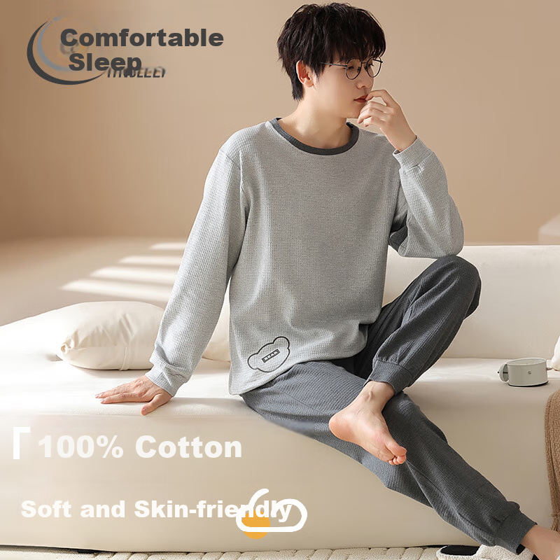 YINSLEEP Men's Pure Cotton Pajamas - Waffle Long Sleeve Set