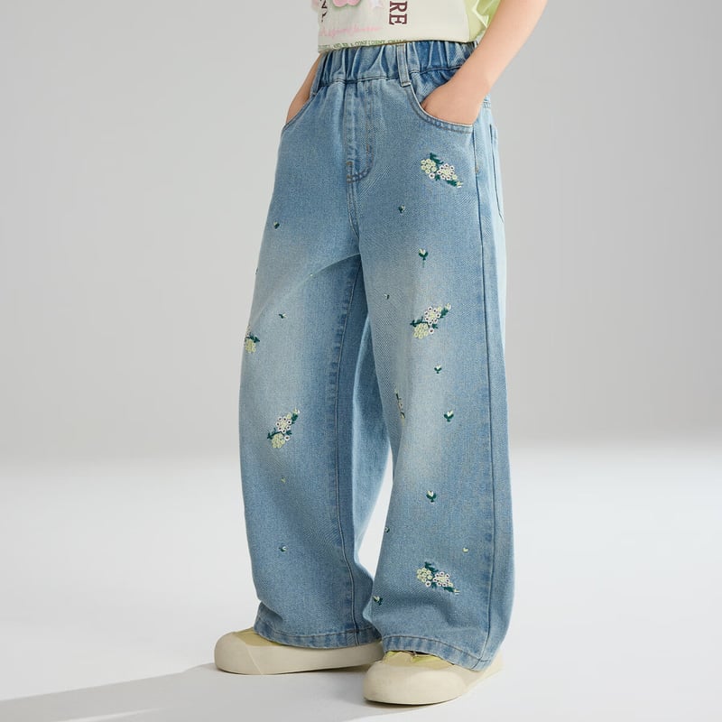 ASK JUNIOR Embroidered Denim Wide-Leg Trousers for Girls