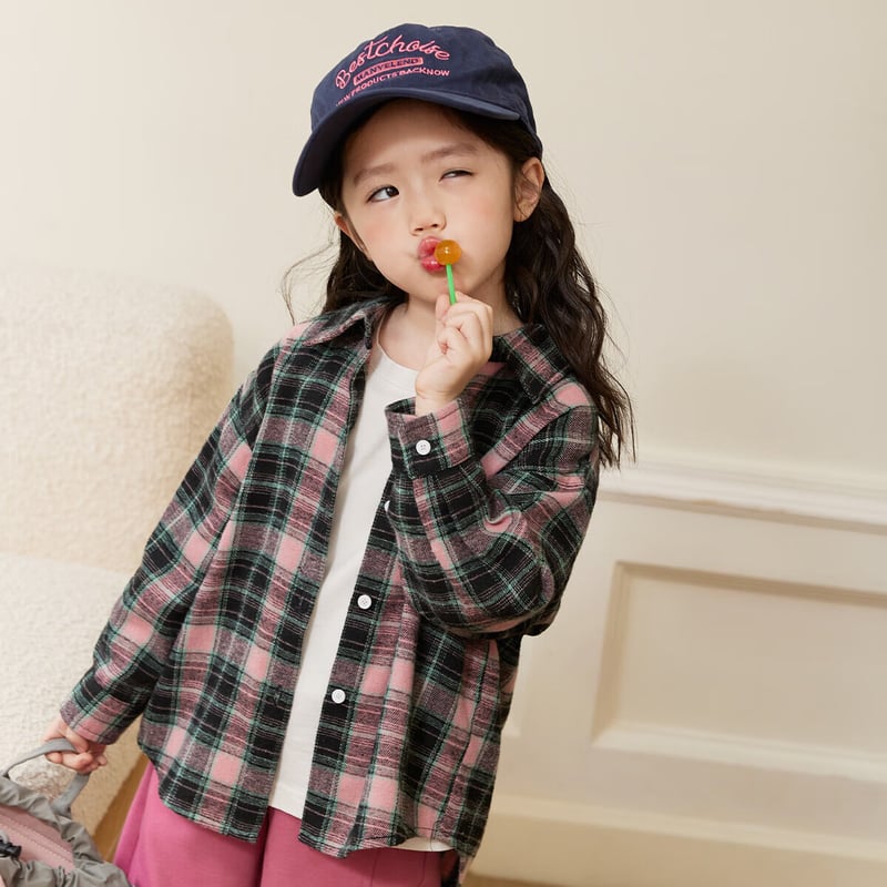 LUSON Girls' Plaid Lapel Shirt
