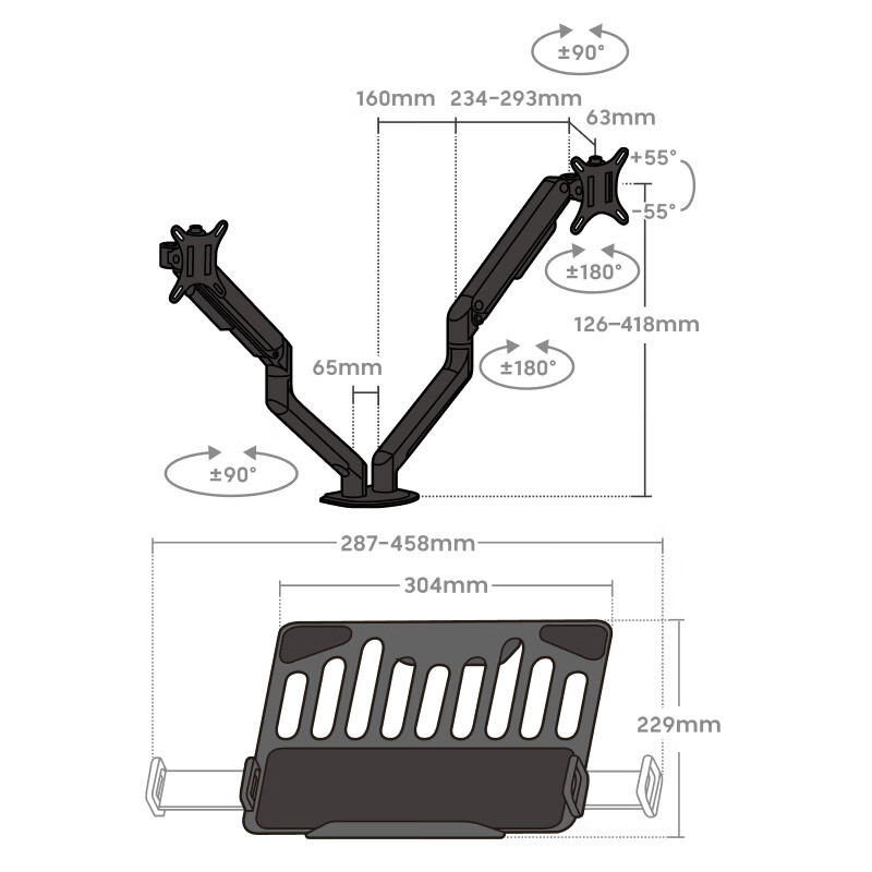 Brateck Beihu Dual Screen Laptop Stand with Gas Spring