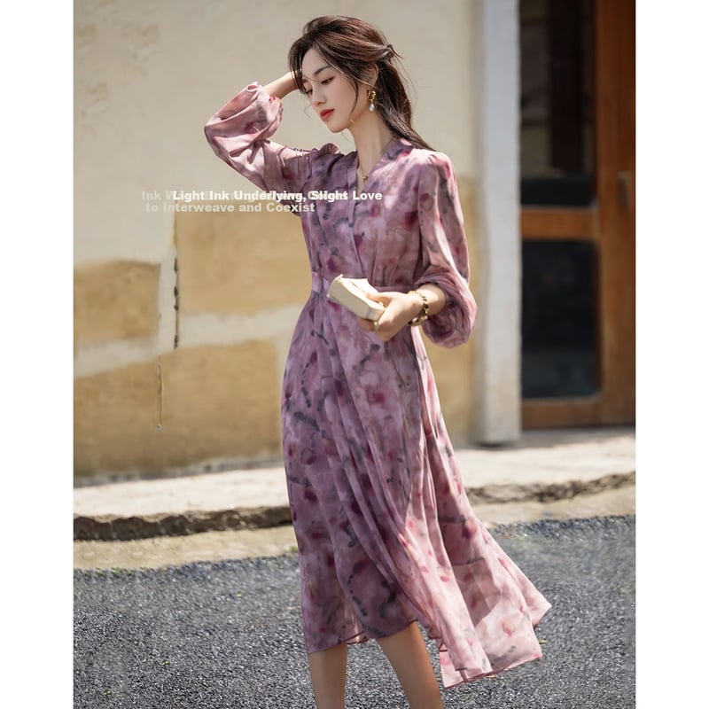 Dme Autumn Elegant V-Neck Ink Print Chiffon Dress