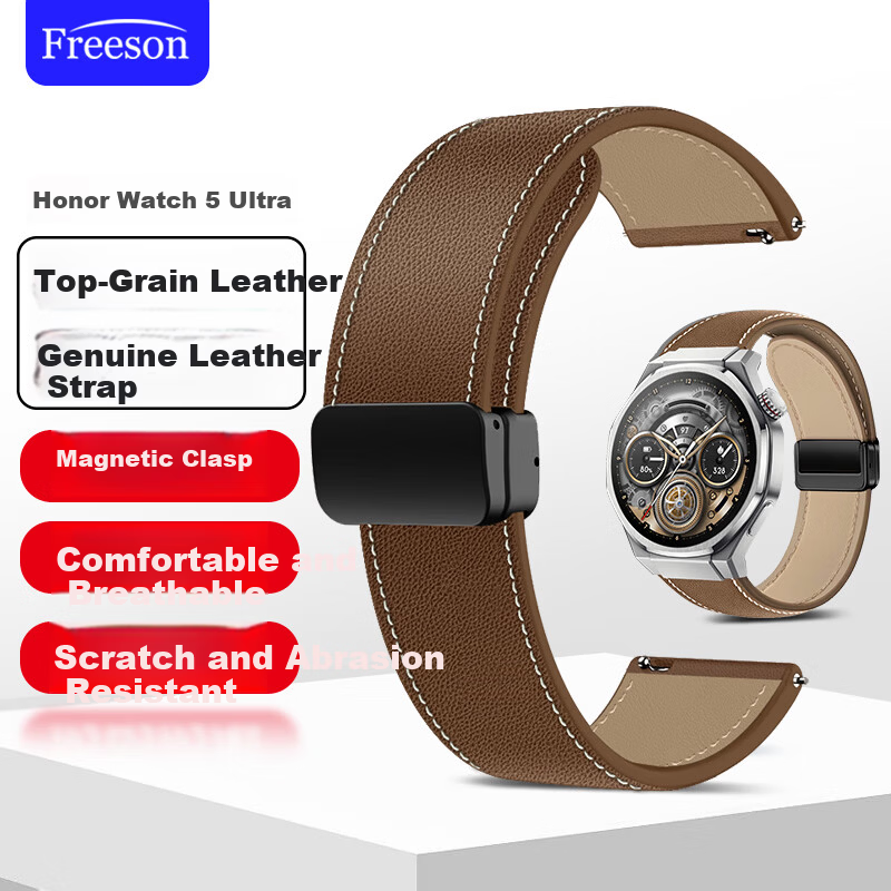 Freeson Genuine Leather Strap with Parachute Buckle for Honor Watch 5 Ultra Commander