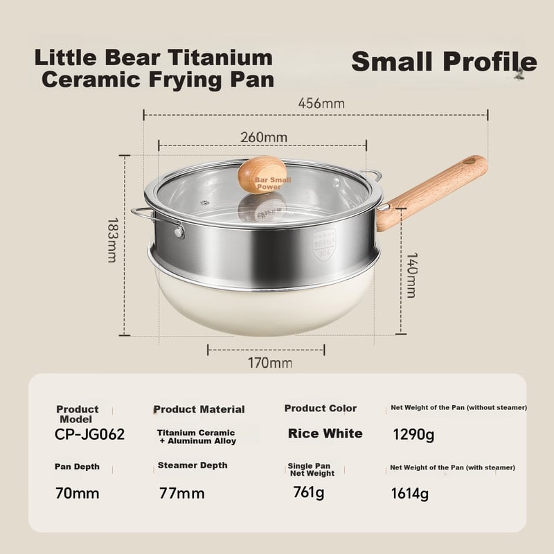 Bear Titanium Ceramic Small Wok with Steamer