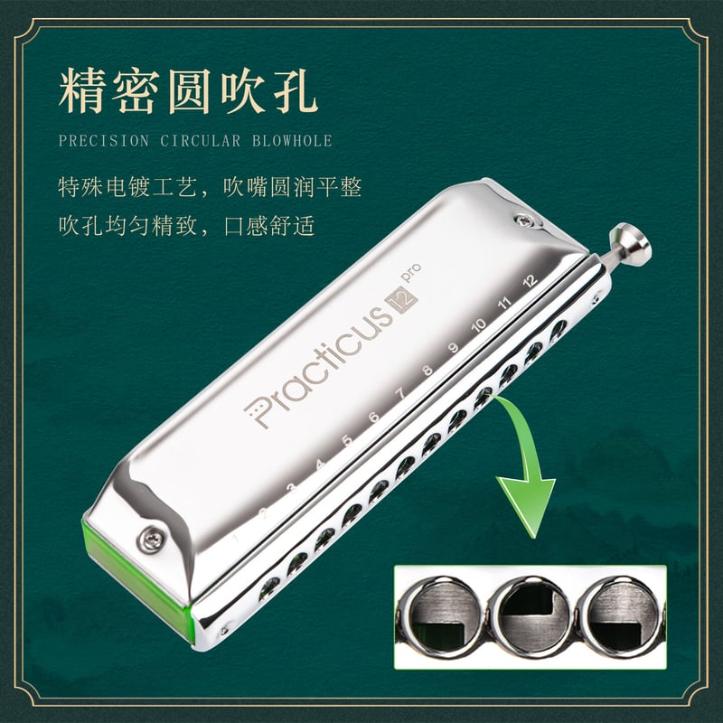 Dunhuang 12-Hole Green Plaid Chromatic Harmonica