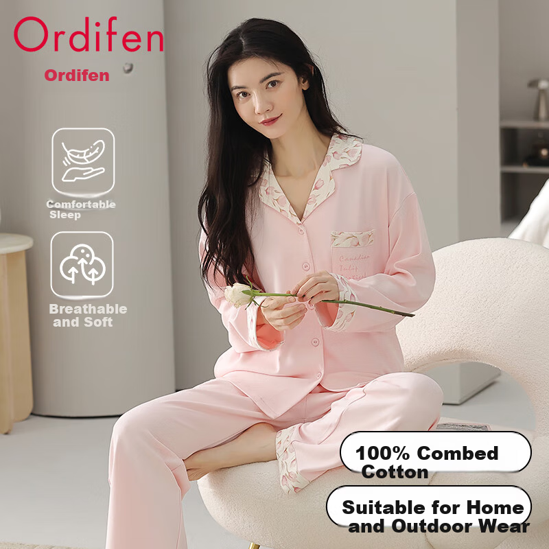 Ordifen Women's Cotton Pajamas - Sweet Print Cardigan Pink