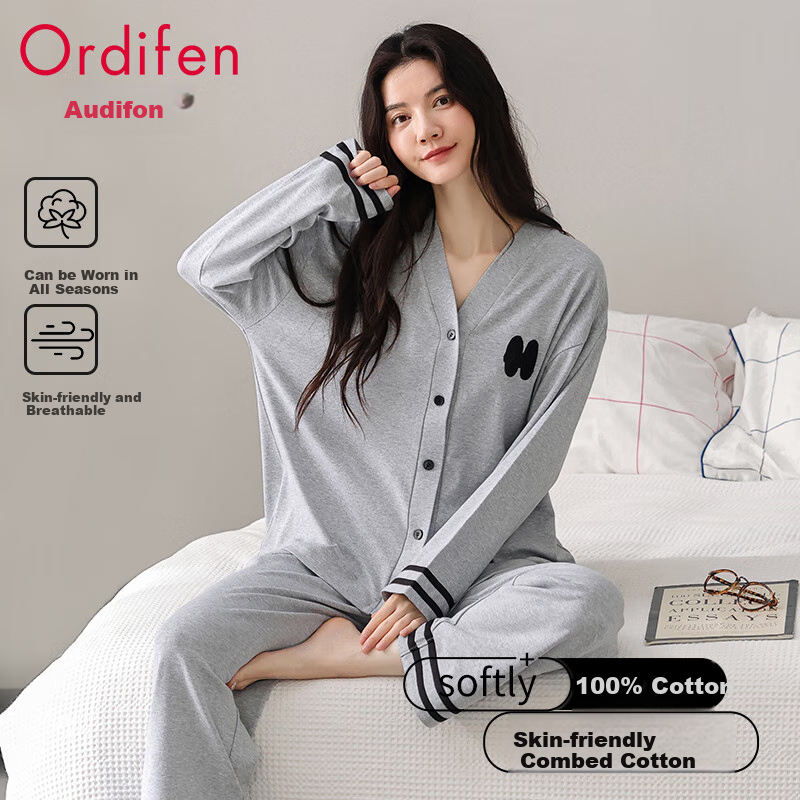 Ordifen Women's Cotton Pajamas - Long-Sleeve Cardigan