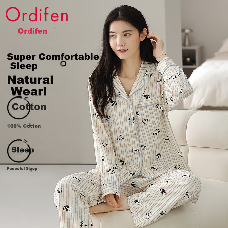 Ordifen Women's Striped Panda Cotton Pajamas