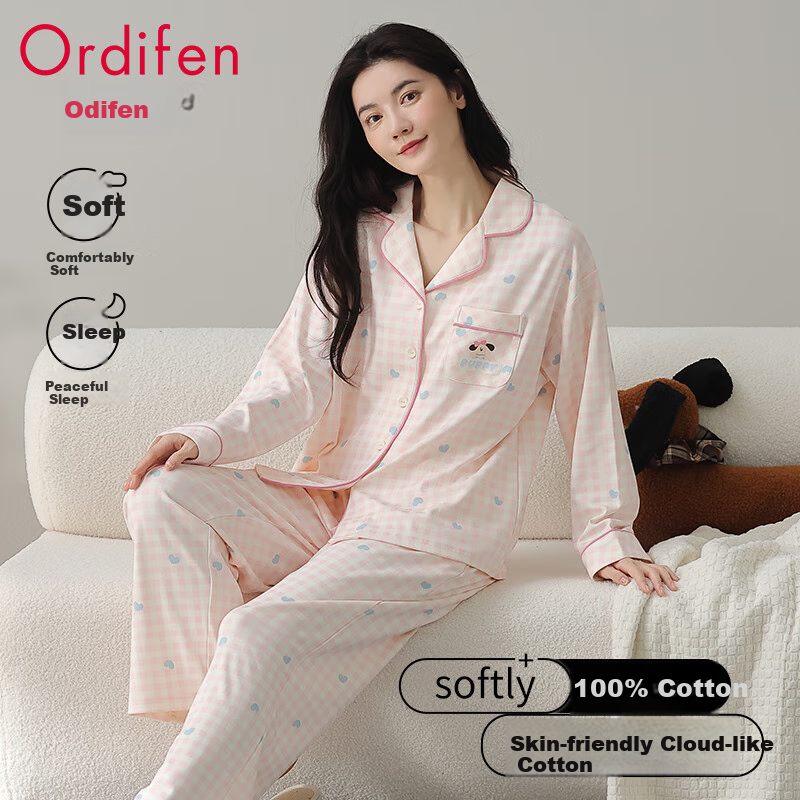 Ordifen Women's Plaid Pajamas with Turn-Down Collar