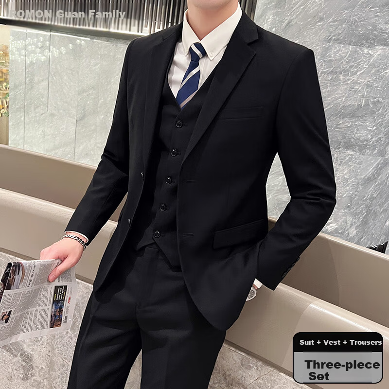 ROMON Men's Slim Fit Black Suit Set