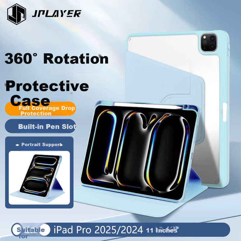 JPLAYER iPad Pro 11" Rotatable Clear Case with Pen Slot
