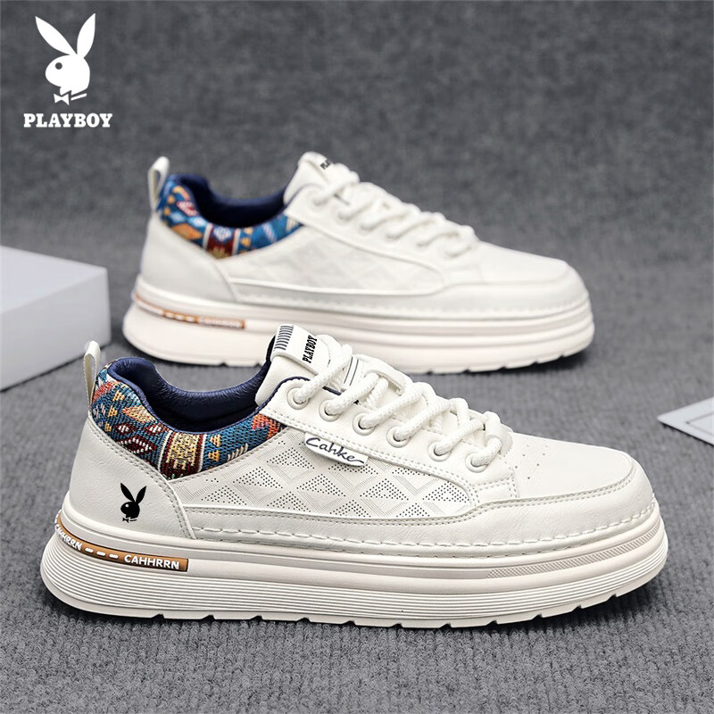 PLAYBOY Men's Thick-Soled Casual White Sneakers