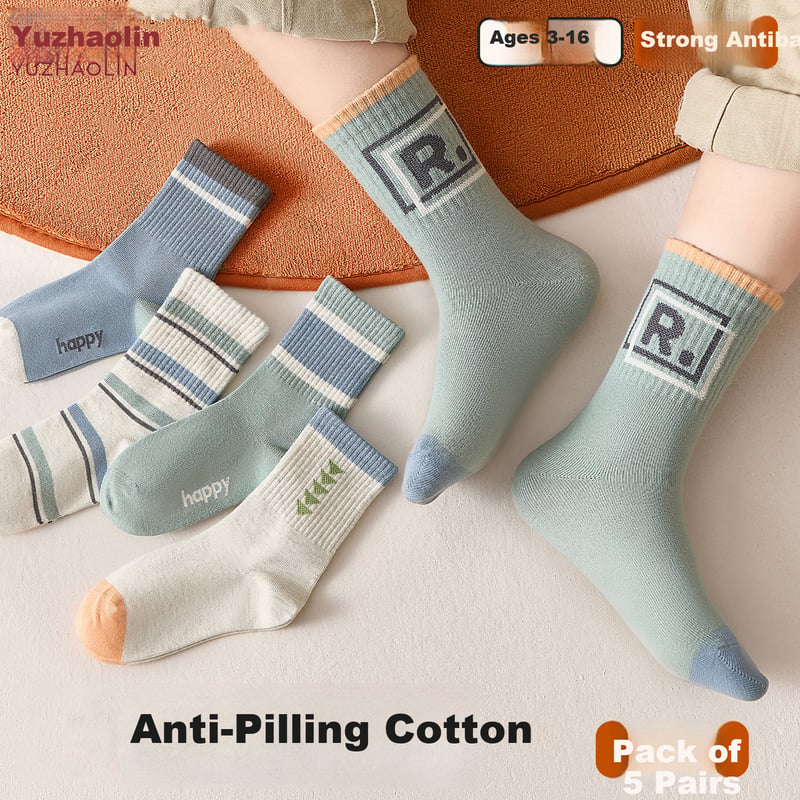 Yuzhaolin 5 Pairs Kids Cotton Socks - BlueGreen