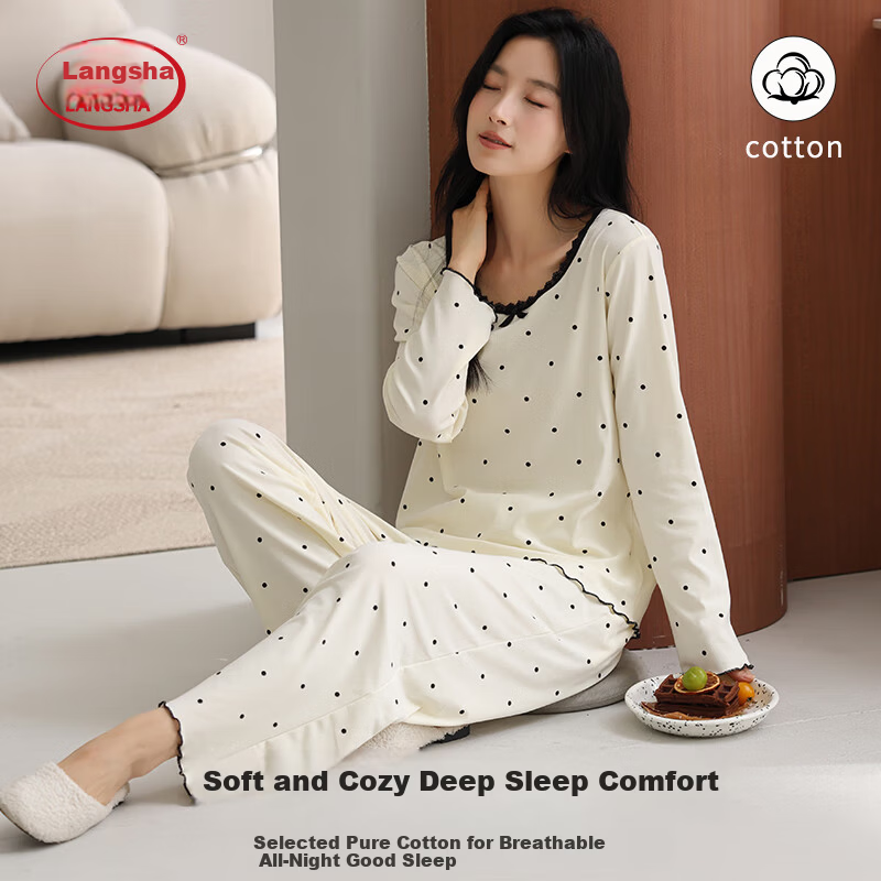 LangSha Women's Cotton Polka Dot Pajamas with Bowknot