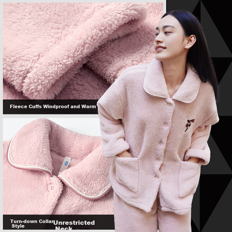 HLA Women's Thickened Coral Fleece Pajama Set with Lapel Collar