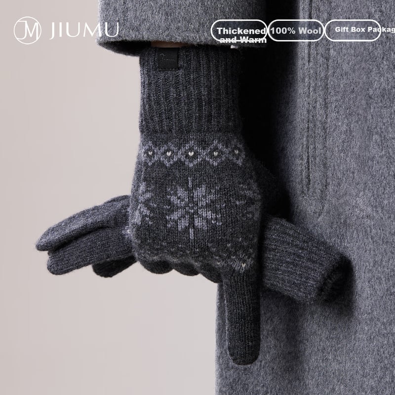 JIUMU 100% Wool Thermal Gloves - Cold-Resistant Fair Isle Knit
