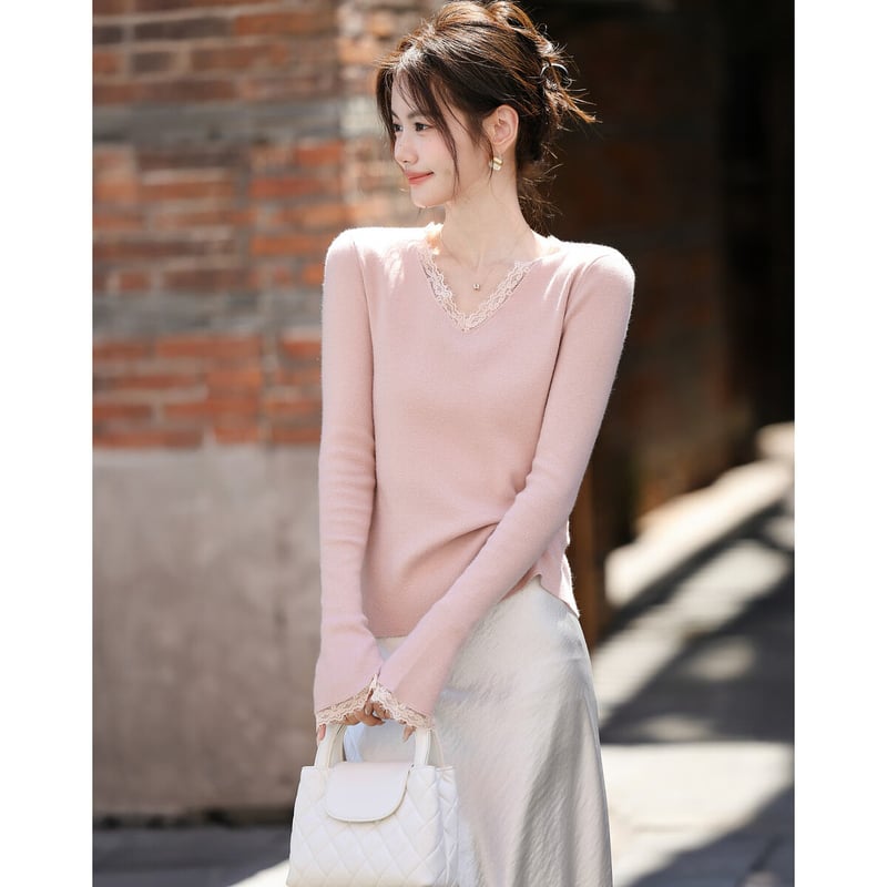 Mt Soft V-Neck Bell Sleeve Knit Sweater with Lace Trim