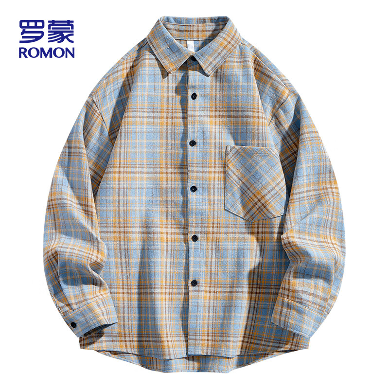 ROMON Men's Yellow Plaid Long Sleeve Shirt