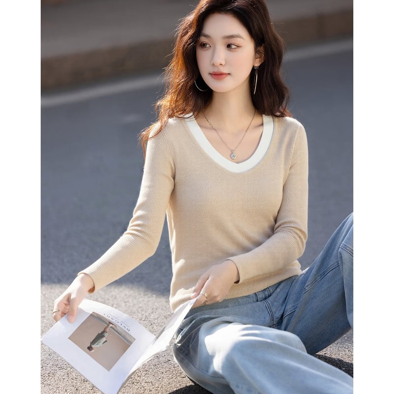 Demana Autumn Colorblock V-Neck Knit Sweater