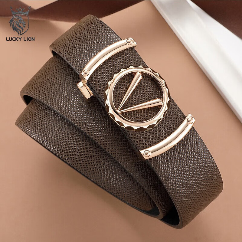 LUCKY LION Men's Leather Belt - Light Luxury Coffee Gold Clasp