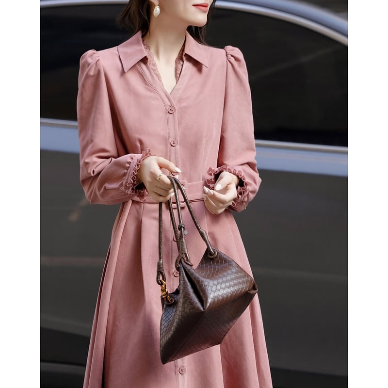 Demana Elegant Peach Skin Autumn V-Neck Puff Sleeve Dress