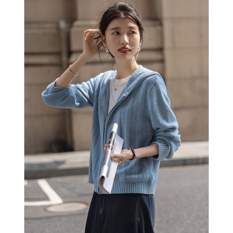 Demana Dot Yarn Cardigan Hooded Wool Blend Knit Sweater