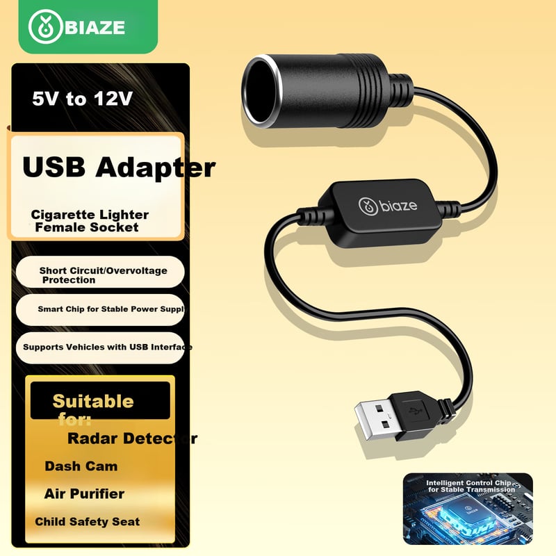 BIAZE USB to Cigarette Lighter Socket Adapter